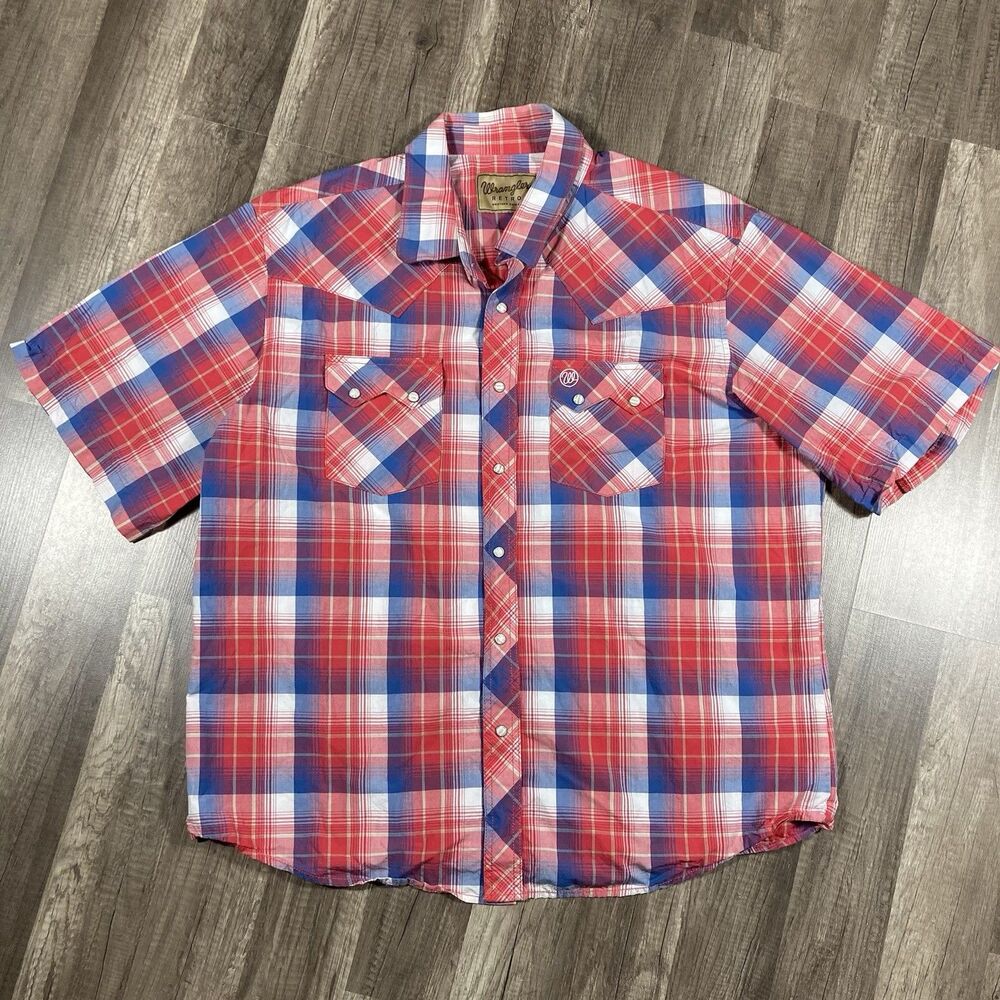 Wrangler Retro Pearl Snap Shirt Mens XXL 2XL Blue Western Plaid Sawtooth Pocket